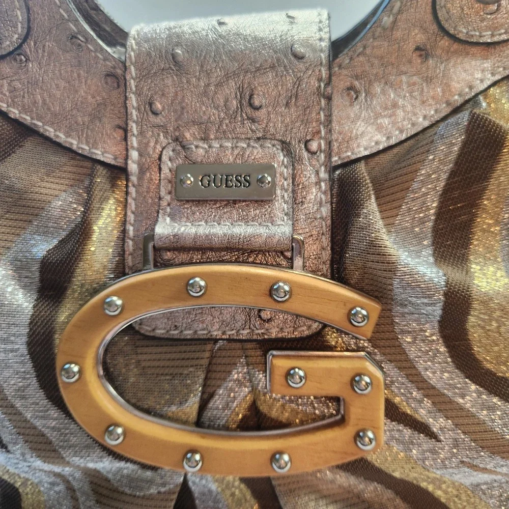 Vtg Guess Samba Metallic  Handbag Large Hobo Purse & Strap Retro Wood Handle‎